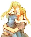  1girl bangs blonde_hair blue_dress carrying closed_eyes couple dress earrings edward_elric eyebrows_visible_through_hair fullmetal_alchemist grey_shirt happy hetero hug jewelry long_hair ponytail shirt simple_background smile tsukuda0310 white_background winry_rockbell 