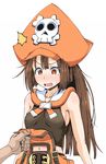  assisted_exposure belly_peek blush breasts brown_hair covered_nipples embarrassed guilty_gear guilty_gear_xrd hat may_(guilty_gear) navel orange_eyes orange_hat pirate_hat ponkotsu ponytail sailor_collar sideboob skull_and_crossbones sleeveless small_breasts solo sweatdrop 