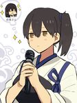  akagi_(kantai_collection) black_hair brown_eyes expressionless japanese_clothes kaga_(kantai_collection) kantai_collection long_hair manaka_(gunjooou) microphone muneate side_ponytail solo tasuki thought_bubble translated upper_body white_background 