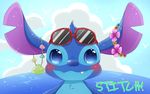  17aiueo 2016 alien ambient_bird blue_eyes blue_fur blue_nose blush character_name chest_tuft cloud cute_fangs digital_drawing_(artwork) digital_media_(artwork) disney experiment_(species) eyewear fur head_tuft hi_res jewelry lilo_and_stitch necklace notched_ear sea seashell sky solo stitch sunglasses tuft water 