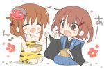  &gt;:) :d anchor_symbol animal_print bean blush brown_eyes brown_hair chibi closed_eyes commentary_request fang feeding folded_ponytail hair_ornament hairclip hizuki_yayoi ikazuchi_(kantai_collection) inazuma_(kantai_collection) kantai_collection masu multiple_girls o_o oni_costume oni_mask open_mouth seiza setsubun short_hair simple_background sitting smile tiger_print v-shaped_eyebrows white_background 