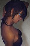  black_hair blue_eyes breasts chinese_commentary choker cleavage commentary_request earrings facial_mark from_side hand_behind_head hand_in_hair highres jewelry looking_at_viewer medium_breasts original profile short_hair shoulder_tattoo solo spade-m standing tan tattoo upper_body 