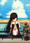  1girl absurdres beach bench black_hair cyclops female full_body highres kurome_shirome leg_hug long_hair looking_away mole monster_girl one-eyed original outdoors parted_lips ringed_eyes sitting sleeves_past_wrists solo sunflower 