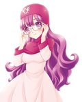  breasts commentary_request curly_hair dragon_quest dragon_quest_ii dress glasses hood kichijou_agata long_hair medium_breasts princess_of_moonbrook purple_hair robe solo white_dress 