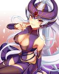  arm_warmers bad_anatomy bare_shoulders breasts brown_legwear chan_qi_(fireworkhouse) cleavage finger_to_mouth headpiece large_breasts league_of_legends long_hair looking_at_viewer red_eyes side_cutout sitting smile solo syndra thighhighs white_hair 