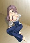  bamboo_blade barefoot blue_eyes blue_hakama breasts feet hakama half_updo japanese_clothes kesuida long_hair medium_breasts miyazaki_miyako nipples no_bra on_floor open_clothes open_shirt purple_hair shirt sitting solo topless wooden_floor yokozuwari 