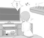  controller game_console game_controller girls_und_panzer greyscale henyaan_(oreizm) monochrome nishizumi_miho remote_control television translated watching_television 