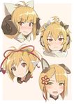  andira_(granblue_fantasy) anila_(granblue_fantasy) animal_ears blonde_hair bow brown_eyes commentary dog_ears draph erune face granblue_fantasy hair_bow hair_ribbon harvin hinami_(hinatamizu) horns mahira_(granblue_fantasy) multiple_girls ribbon sheep_horns short_hair vajra_(granblue_fantasy) 