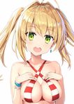  ahoge blonde_hair bracelet breasts cleavage collarbone criss-cross_halter earrings eyebrows_visible_through_hair fate/grand_order fate_(series) green_eyes hair_intakes halterneck hands_on_own_chest highres jewelry long_hair looking_at_viewer medium_breasts nero_claudius_(fate)_(all) nero_claudius_(swimsuit_caster)_(fate) open_mouth rin_yuu standing striped striped_swimsuit swimsuit upper_body 