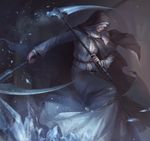  ashes_of_ariandel black_hair blurry cloak covered_eyes crystal dark_souls_iii depth_of_field dual_wielding fighting_stance habit highres holding holding_weapon hood ice jlien- lips nun scythe shaded_face sister_friede solo souls_(from_software) weapon 