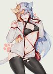  :p animal_ears bag black_legwear blue_eyes blue_hair breasts cat_ears cat_tail claw_pose cleavage cleavage_cutout hair_between_eyes highres jacket long_hair long_sleeves looking_at_viewer medium_breasts multicolored_hair nail_polish navel object_on_head original panties panties_on_head paw_print red_nails saimon_ma simple_background solo striped striped_panties stylus tail thighhighs tongue tongue_out underboob underwear 