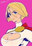  blonde_hair blue_eyes breasts cape cleavage cleavage_cutout commentary_request dc_comics hair_between_eyes highres kotatsu_(g-rough) large_breasts long_sleeves looking_at_viewer pink_background power_girl red_cape short_hair signature simple_background smile solo superman_(series) sweater turtleneck upper_body white_sweater 