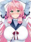  akashi_(kantai_collection) blue_sailor_collar blue_shirt blush breasts green_eyes hair_between_eyes hair_ribbon kantai_collection kusano_(torisukerabasu) large_breasts long_hair long_sleeves pink_hair red_ribbon ribbon sailor_collar shirt simple_background smile solo tress_ribbon white_background 