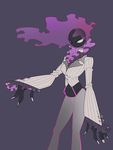  1girl black_eyes black_skin breasts crop_top denbaa female frills gastly ghost grey_pants long_sleeves medium_breasts midriff navel no_humans no_mouth pants personification pokemon pokemon_(creature) pokemon_rgby purple_background shirt simple_background solo standing white_shirt 