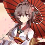  brown_eyes brown_hair cherry_blossoms commentary_request dated headgear hebitsukai-san highres japanese_clothes kantai_collection kimono long_hair oriental_umbrella ponytail red_umbrella smile solo twitter_username umbrella upper_body very_long_hair yamato_(kantai_collection) 