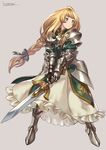  armor armored_boots armored_dress artist_name blonde_hair boots braid closed_mouth dress expressionless faulds full_body gauntlets green_dress green_eyes grey_background hair_ribbon highres holding holding_sword holding_weapon knight kotatsu_(g-rough) long_hair looking_away no_nose original pauldrons puffy_sleeves ribbon signature simple_background single_braid solo standing sword vambraces weapon 