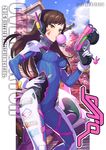  armor artist_name bangs bodysuit boots bracer breasts brown_eyes brown_hair bubble_blowing chewing_gum cowboy_shot d.va_(overwatch) facepaint facial_mark finger_on_trigger gloves gun hand_up headphones highres holding holding_gun holding_weapon kotatsu_(g-rough) long_hair long_sleeves medium_breasts overwatch pauldrons petals pilot_suit ribbed_bodysuit shoulder_pads skin_tight solo thigh_boots thigh_strap thighhighs turtleneck watermark weapon whisker_markings white_footwear white_gloves 