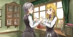  ange_(princess_principal) blonde_hair blue_eyes book bookshelf braid cabinet curtains desk eye_contact flower grey_hair holding_hands indoors looking_at_another multiple_girls princess_(princess_principal) princess_principal ringocha_(appleteatea) school_uniform short_hair standing vase window yuri 