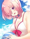  :d ball bangs bare_arms bare_shoulders beachball bikini blue_sky bow breasts cleavage cloud collarbone day eyebrows eyebrows_visible_through_hair fate/grand_order fate_(series) fingernails hair_over_one_eye highres holding holding_ball light_particles looking_down mash_kyrielight medium_breasts open_mouth outdoors pink_bow pink_hair purple_eyes shinoko short_hair sky smile solo swimsuit swimsuit_of_perpetual_summer upper_body white_bikini 