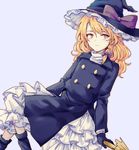 blonde_hair boots bow braid broom broom_riding coat commentary crossed_legs forbidden_scrollery hat hat_bow kirisame_marisa light_smile long_sleeves looking_away petticoat side_braid single_braid solo touhou trench_coat turtleneck uranaishi_(miraura) witch_hat yellow_eyes 