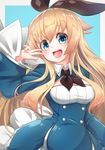  alice_(grimms_notes) alice_(wonderland) alice_in_wonderland arm_up blonde_hair blue_dress blue_eyes dress grimms_notes highres long_hair open_mouth ribbon smile solo takatun223 upper_body v 