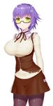  absurdres asamura_hiori black_legwear breasts covered_nipples expressionless glasses green_eyes hair_ornament hairpin highres huge_breasts looking_at_viewer pantyhose phantasy_star phantasy_star_online_2 phul_j_lasswitz purple_hair short_hair simple_background solo white_background 