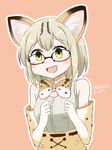  :d animal_ears belt black-framed_eyewear blush bow bowtie cat_ears character_name clenched_hands commentary copyright_name denmaru._(dedendenmaru) elbow_gloves eyebrows_visible_through_hair glasses gloves green_eyes hands_up kemono_friends margay_(kemono_friends) margay_print open_mouth print_gloves print_neckwear shirt simple_background sleeveless sleeveless_shirt smile solo spotted_hair 