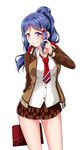  arm_behind_back bag blue_hair blush brown_jacket brown_skirt casual collared_shirt commentary_request eyebrows_visible_through_hair gesture hair_ornament half-closed_eyes heart heart_hair_ornament highres jacket jewelry long_ponytail long_sleeves looking_at_viewer love_live! love_live!_sunshine!! matsuura_kanan necktie plaid plaid_skirt pleated_skirt ponytail purple_eyes red_neckwear ring shirt sidelocks simple_background skirt smile solo white_background white_shirt yopparai_oni 