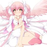  absurdres bad_id bad_pixiv_id breasts choker cleavage collarbone commentary_request covering covering_breasts dress frilled_dress frills gloves hair_ribbon highres kaname_madoka long_hair looking_at_viewer magical_girl mahou_shoujo_madoka_magica medium_breasts misteor pink_hair pink_legwear ribbon simple_background sitting solo thighhighs torn_clothes torn_dress torn_legwear two_side_up ultimate_madoka white_background white_dress white_gloves wings yellow_eyes yokozuwari 
