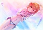  ass_visible_through_thighs bangs bare_shoulders bikini blush breast_press brown_eyes cleavage_cutout closed_mouth collar cowboy_shot dutch_angle eyebrows_visible_through_hair flower frown hair_flower hair_ornament hands_on_own_chest hibiscus highres legs_together light_particles looking_at_viewer misaka_mikoto multicolored multicolored_background navel orange_hair palm_tree puma_(hyuma1219) red_ribbon revision ribbon short_hair side-tie_bikini signature smile solo standing stomach swimsuit thigh_gap thighs to_aru_kagaku_no_railgun to_aru_majutsu_no_index tree white_bikini 
