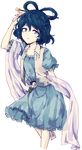  arm_up blue_dress blue_eyes blue_hair collarbone commentary cowboy_shot dress eyebrows_visible_through_hair hair_ornament hair_rings hair_stick highres kaku_seiga looking_at_viewer ofuda parted_lips puffy_short_sleeves puffy_sleeves see-through shawl short_hair short_sleeves simple_background solo standing touhou uranaishi_(miraura) vest white_background white_vest 