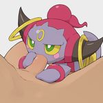  1boy 1girl blush_stickers erection fellatio green_eyes half-closed_eyes highres hoopa horns interspecies looking_up nude oral penis pink_hair pokemon pokemon_(creature) pokemon_xy simple_background uncensored white_background yellow_sclera youjomodoki 