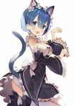  animal_ears ass blue_eyes blue_hair breasts cat_ears cat_tail cleavage detached_collar detached_sleeves hair_between_eyes hair_ornament hairband kemonomimi_mode kneeling lolita_hairband matsui_hiroaki medium_breasts panties paw_pose re:zero_kara_hajimeru_isekai_seikatsu rem_(re:zero) simple_background solo tail thighhighs underwear white_background white_legwear white_panties wide_sleeves x_hair_ornament 