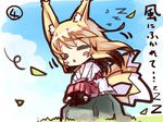  :&lt; =_= animal_ears bangs blonde_hair blue_sky blush_stickers chibi closed_eyes cloud day eyebrows_visible_through_hair fox_ears fox_girl fox_tail hair_between_eyes japanese_clothes kitsune leaves_in_wind long_hair miko multiple_tails on_rock original outdoors parted_lips rock sidelocks sitting sky sleeping tail translation_request triangle_mouth very_long_hair wind yuuji_(yukimimi) zzz 