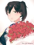  black_hair brown_eyes english expressionless flower japanese_clothes kaga_(kantai_collection) kantai_collection manaka_(gunjooou) muneate red_flower red_rose rose short_hair side_ponytail solo tasuki upper_body 