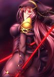  :d ass black_hair black_legwear blood blood_splatter bodysuit commentary fate/grand_order fate_(series) fi-san headwear highres holding long_hair looking_at_viewer looking_back open_mouth parted_lips polearm red_eyes scathach_(fate)_(all) scathach_(fate/grand_order) simple_background skin_tight smile solo weapon 