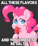  2017 animated black_background blue_eyes blush cute cutie_mark dialogue earth_pony eating english_text equine eyebrows eyelashes female feral food friendship_is_magic fur hair holding_food holding_object horse inner_ear_fluff innuendo licking looking_at_viewer mammal meme my_little_pony nude omegaozone open_mouth pink_hair pinkie_pie_(mlp) pony popsicle portrait sad simple_background solo standing teeth text three-quarter_portrait tongue tongue_out 