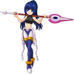  1girl alternate_costume android armpits artist_request bare_arms bare_midriff bare_shoulders blue_eyes blue_hair bodystocking bodysuit_pull boots capcom full_body heels high_heels high_ponytail holding holding_spear holding_weapon leviathan_(rockman) long_hair midriff navel partially_undressed polearm ponytail rockman rockman_zero simple_background solo spear standing thigh_boots thighhighs weapon weapon_over_shoulder white_background 