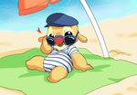  &lt;3 2017 4_fingers alien beach beach_blanket black_eyes charming clothed clothing digital_drawing_(artwork) digital_media_(artwork) disney experiment_(species) eyewear flat_cap fur gold_fur hi_res lilo_and_stitch looking_at_viewer nolly_(artist) reclining red_nose reuben seaside small_tail sunglasses umbrella 