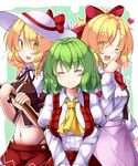  aka_tawashi ascot blonde_hair blush bow breasts commentary_request cowboy_shot elly eyebrows_visible_through_hair flying_sweatdrops gengetsu green_background green_hair hair_bow hat hat_bow heart highres holding index_finger_raised juliet_sleeves kazami_yuuka long_sleeves looking_at_viewer medium_breasts midriff multiple_girls navel neck_ribbon one_eye_closed open_mouth pink_skirt plaid plaid_vest puffy_sleeves red_bow red_skirt red_vest ribbon shirt short_hair skirt smile standing touhou touhou_(pc-98) two-tone_background vest white_background white_hat white_shirt yellow_eyes yellow_neckwear 