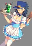  1girl :d alternate_costume apron black_hair blue_hair blue_hat blush breasts cherry cherry_earrings cleavage closed_mouth cup drinking_glass drinking_straw dutch_angle earrings embarrassed enmaided food food_themed_earrings fruit genderswap genderswap_(mtf) green_eyes grey_background hat highres holding jewelry jojo_no_kimyou_na_bouken kakyouin_noriaki kotatsu_(g-rough) kuujou_joutarou large_breasts long_hair maid menu miniboy open_mouth peaked_cap puffy_short_sleeves puffy_sleeves red_eyes red_hair short_sleeves simple_background skindentation smile solo_focus spoon standing stardust_crusaders thighhighs tray waist_apron waitress white_legwear zettai_ryouiki 