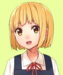  :d ai_kusunoki bangs black_dress blonde_hair blush bob_cut collared_shirt dress eyebrows_visible_through_hair green_background head_tilt looking_at_viewer neck_ribbon open_mouth pinafore_dress red_neckwear red_ribbon ribbon school_uniform shirt short_hair simple_background smile solo tamako_market tareme tokiwa_midori upper_body upper_teeth white_shirt yellow_eyes 