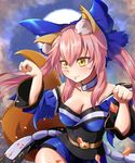 animal_ears bare_shoulders blue_ribbon blush bow breasts cleavage collarbone commentary detached_sleeves eyebrows_visible_through_hair fang fate/grand_order fate_(series) fox_ears fox_tail hair_bow hair_ribbon highres japanese_clothes large_breasts looking_at_viewer out-of-frame_censoring paw_pose pink_hair ribbon solo tail tamamo_(fate)_(all) tamamo_no_mae_(fate) yellow_eyes yunyunmaru 
