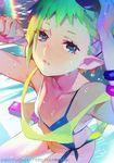  bare_shoulders bikini breasts close-up flat_chest green_eyes green_hair macross macross_delta mita_chisato official_art pointy_ears reina_prowler short_hair small_breasts swimsuit wet 