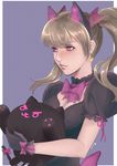  :3 alternate_costume animal_ears black_cat_d.va blonde_hair bow bowtie d.va_(overwatch) earrings fake_animal_ears gloves hair_bow jewelry overwatch pink_eyes purple_background rodrigo_de_souza simple_background solo stuffed_animal stuffed_toy twintails 