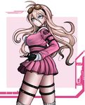  ahoge ass blonde_hair blue_eyes boots breasts choker cleavage danganronpa fingerless_gloves gloves goggles goggles_on_head hair_between_eyes iruma_miu komatsuzaki_rui_(style) kurokku-tokei large_breasts long_hair long_legs new_danganronpa_v3 school_uniform serafuku skirt smile white_legwear 