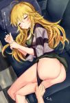  1girl ass black_panties blonde_hair blush breasts cleavage couch eyebrows_visible_through_hair eyes_closed from_above grey_jacket hair_between_eyes highres hoshii_miki idolmaster idolmaster_(classic) inozi44 jacket long_hair lying medium_breasts on_side open_mouth panties panty_pull pulled_by_another shirt skirt skirt_lift sleeping striped_jacket underwear 
