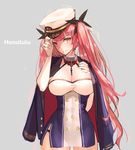  adjusting_clothes adjusting_hat azur_lane breasts chain character_name cleavage commentary_request dress elbow_gloves gloves hair_ribbon hat honolulu_(azur_lane) jacket_on_shoulders large_breasts long_hair looking_at_viewer red_hair ribbon solo twintails white_gloves ya99ru 