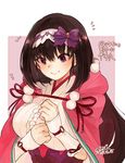  bow breasts brown_hair clenched_hands dated fate/grand_order fate_(series) hairband highres hood hoodie japanese_clothes large_breasts long_hair looking_down o-ring osakabe-hime_(fate/grand_order) purple_bow purple_eyes seta-u signature smile solo tears upper_body 