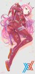  1girl artist_request ass bodysuit breasts cameltoe character_name code:002 darling_in_the_franxx eyebrows_visible_through_hair gloves green_eyes highres horns long_hair looking_at_viewer looking_back pink_hair red_bodysuit shiny shiny_clothes shiny_hair skin_tight solo zero_two_(darling_in_the_franxx) 